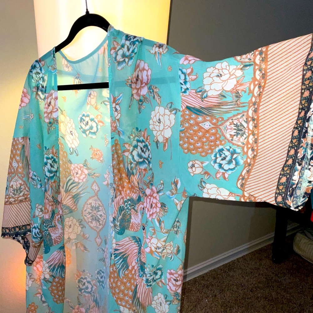 One size kimono swimsuit bodysuit cover sheer Turquoise with 10 lining accents